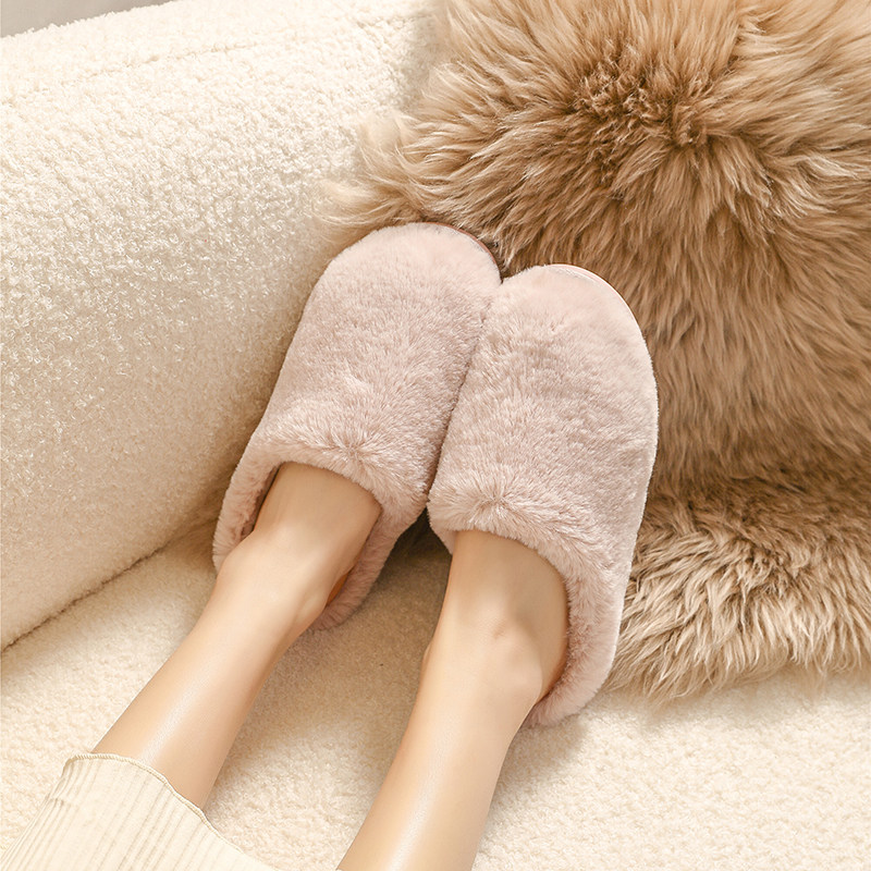 冬季简约纯色短毛绒保暖棉拖鞋女加厚鞋底防水防滑家居拖鞋可室外