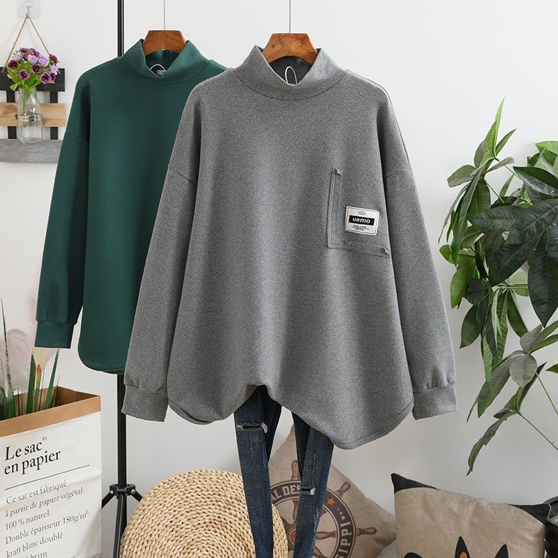 加肥大码宽松秋冬纯棉加厚半高领T恤F女长袖中长款开叉打底衫显瘦