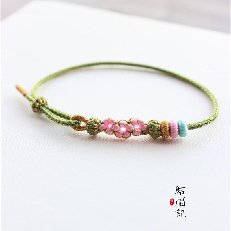 结福记桃花手工编织红绳手链女学生韩版简约个性森系小众设计手绳