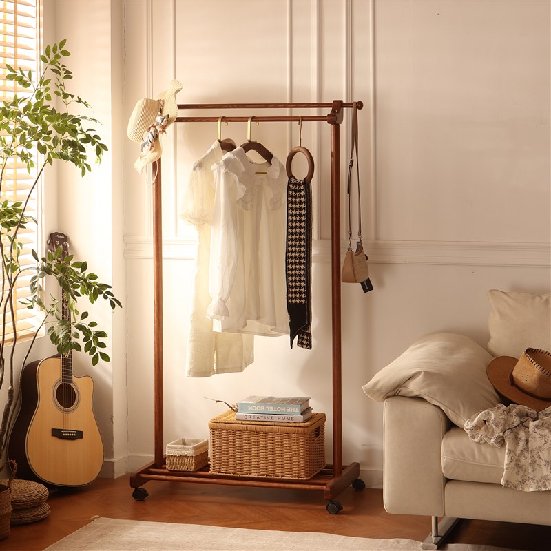 全实木落地挂衣架家用卧室小型置地式简易衣帽架床边晚上放衣神器