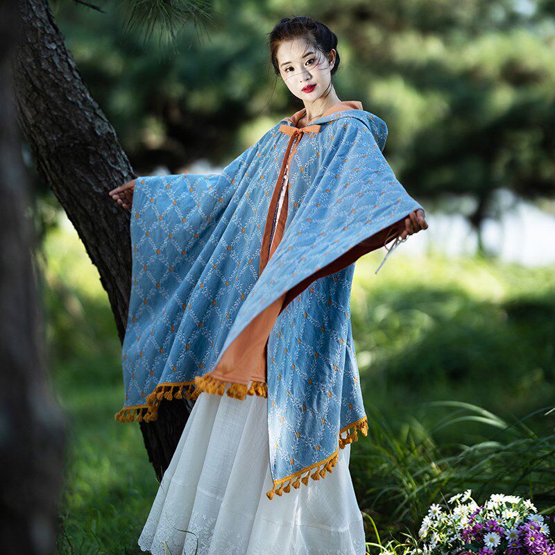 【秋意风浓】流苏披肩女2024秋外搭斗篷正M反两穿连帽牛仔提花风