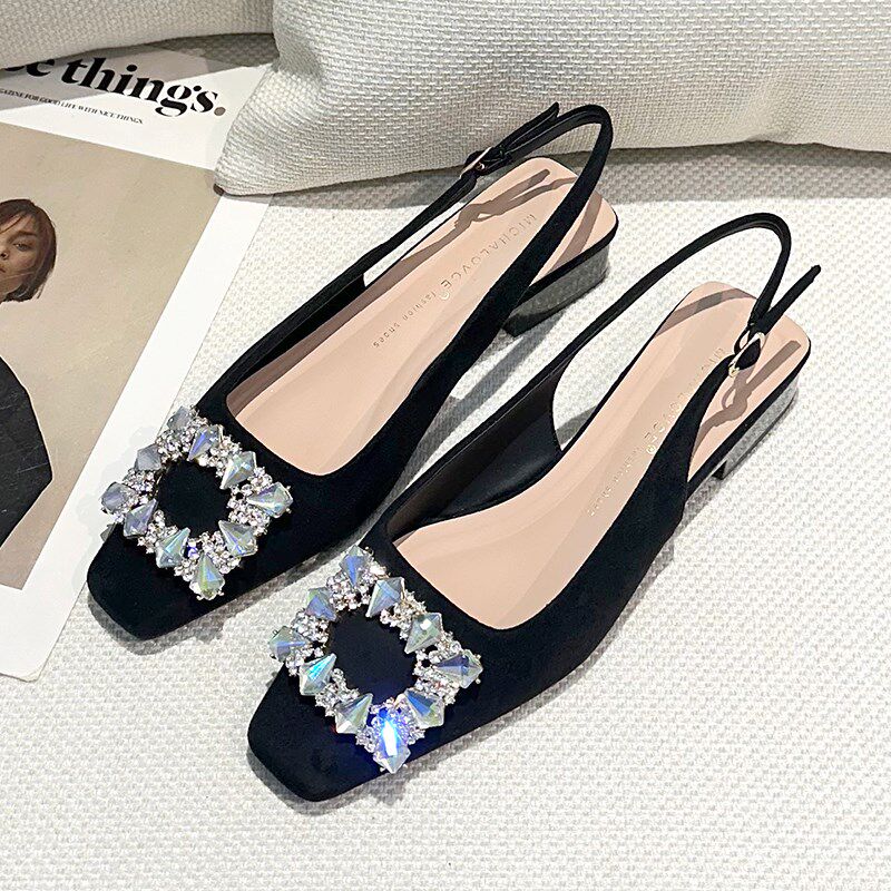 水钻粗跟黑色职业高跟鞋女春季2025新款法式方头浅口工作通勤单鞋