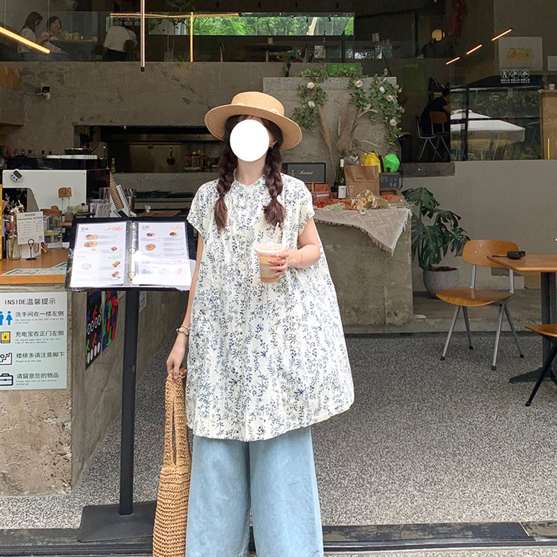 日系慵懒套装女夏季清新碎花w中长款衬衫牛仔直筒阔腿裤一整套甜