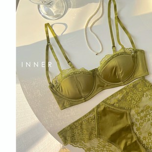 INNER樱内 法式半杯内衣女小胸聚拢不空杯有钢圈蕾丝小可爱套装薄