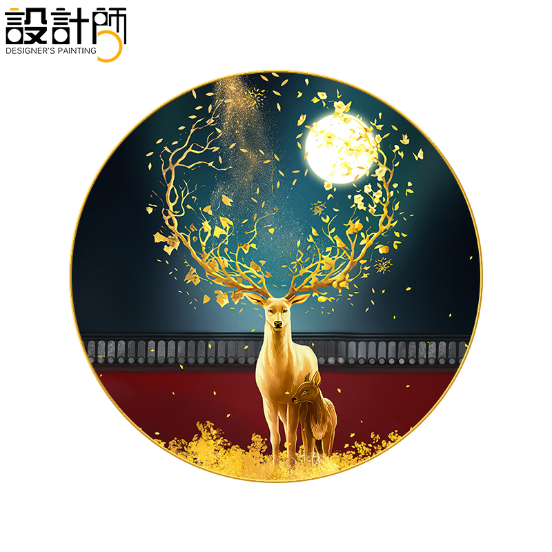 进门玄关画圆形装饰画福鹿沙发背景挂画客厅壁画招财入户正对墙画图片