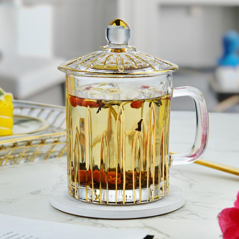 欧式耐热水晶玻璃茶杯带盖茶饮盖杯带把杯L子办公家用喝水杯泡茶