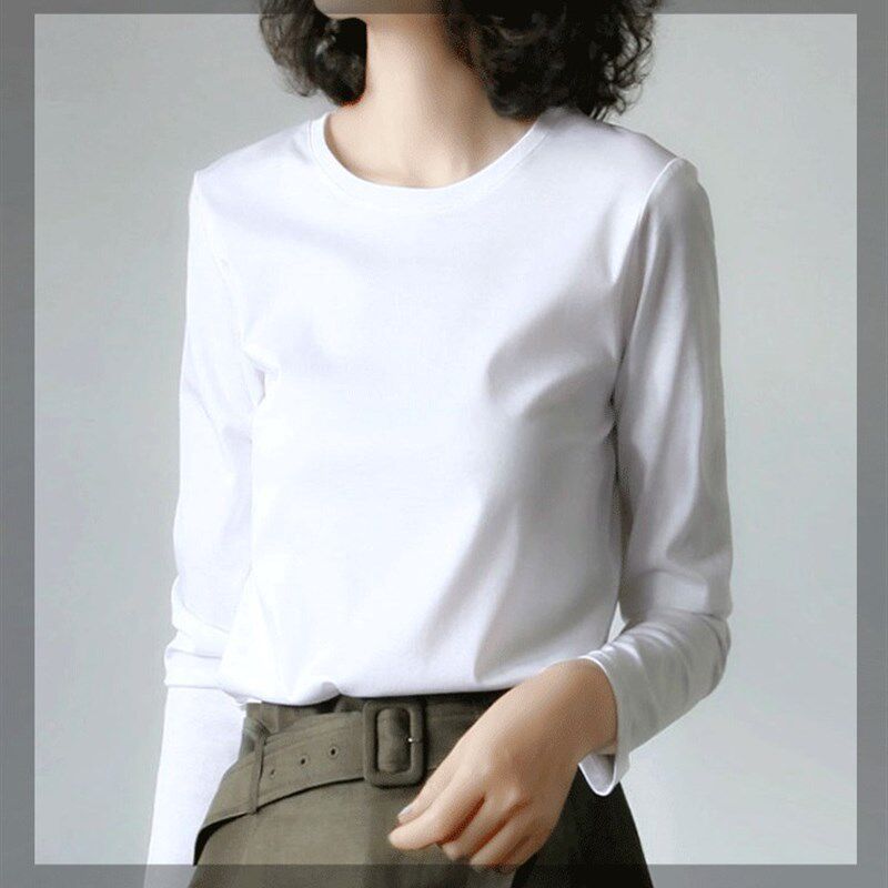 丝滑亲肤 80支丝光棉长袖T恤女大码纯色白色打底衫秋衣春秋款