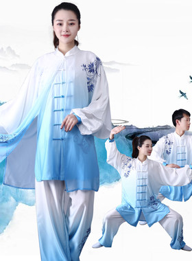 太极服女长d版弹力丝绸渐层青花瓷刺绣练功服男武术比赛表演服装