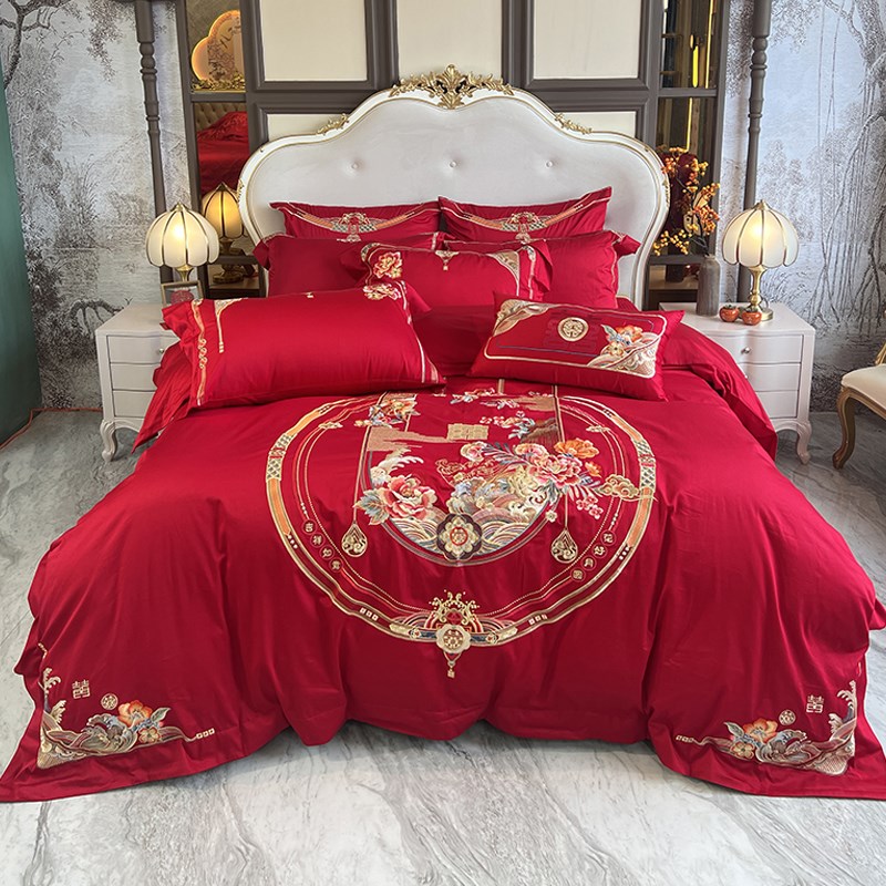 高级感140支匹马棉四件套100全棉婚庆龙凤刺绣被套中式床上用品