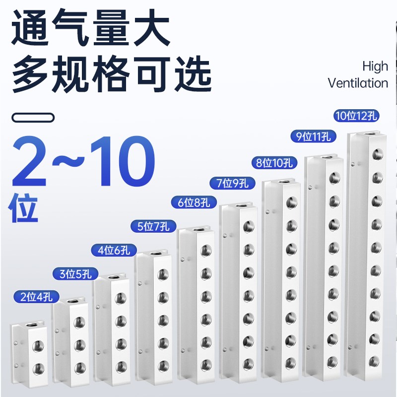 T型分气排气管多管路直通接头分流排汇流板气路分配器铝分水排2分