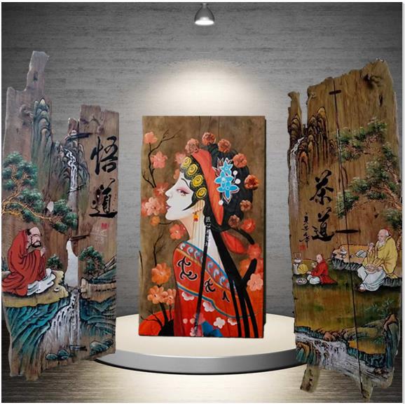 风化木板挂画禅意荷花人物漆画复古装饰画客厅茶楼酒店手绘背景图图片