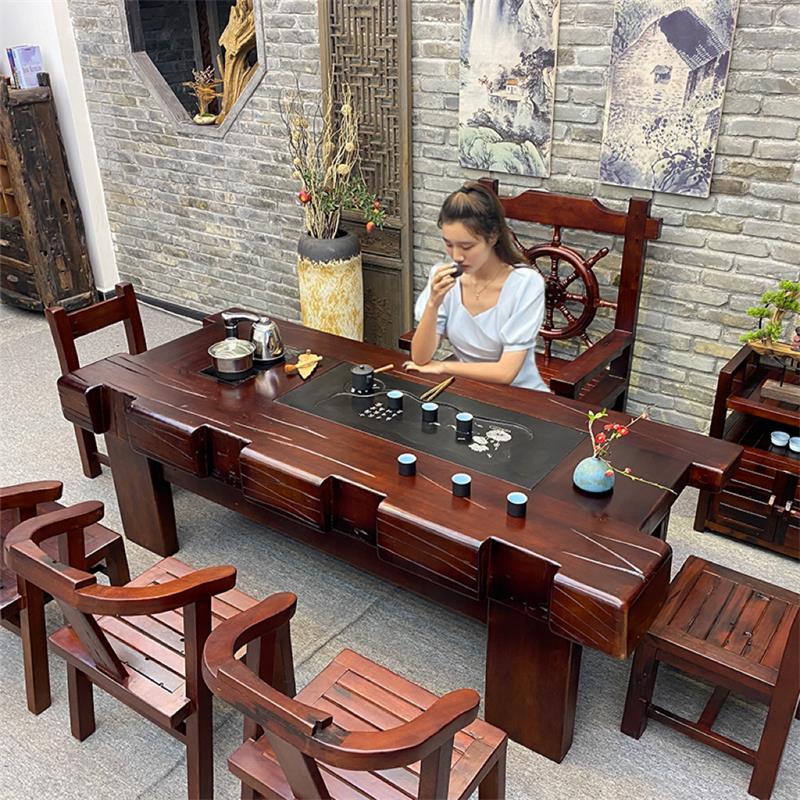 老船木茶桌椅组合中式实木茶几带烧水乌金石泡茶台一体桌家用办公