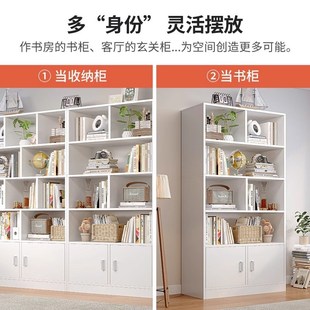 书架一体靠墙整墙落地可承重置物架简易带柜门置物柜学生家用书柜