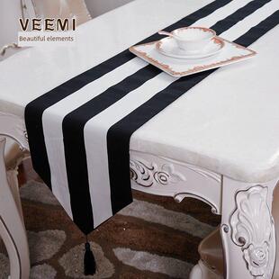 北欧黑白条纹桌巾样板房桌旗现代简约几何茶几旗布条长条桌布床旗