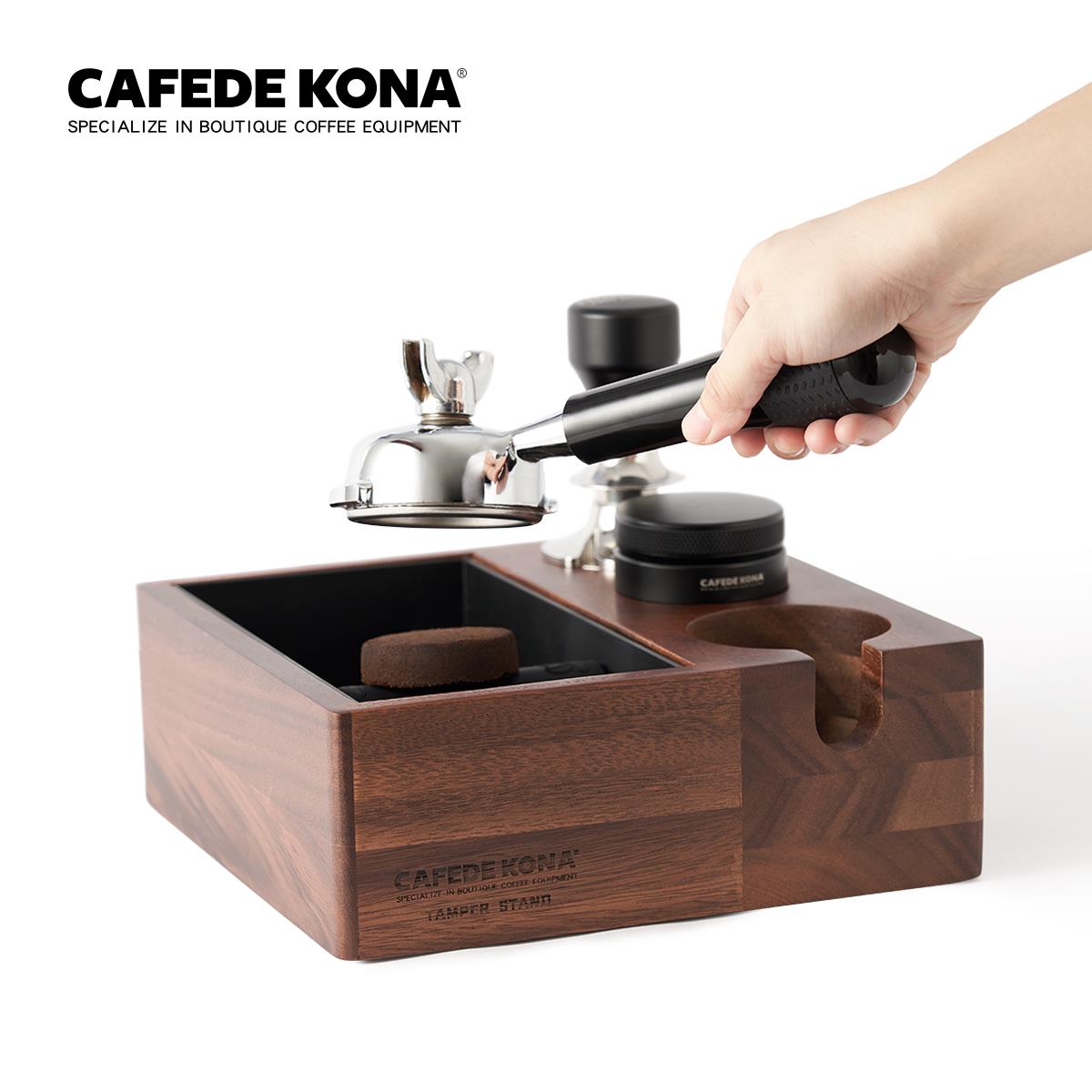 CAFEDE KONA实木渣咖啡盒 多功能家用咖啡敲渣盒 手柄支架压粉座