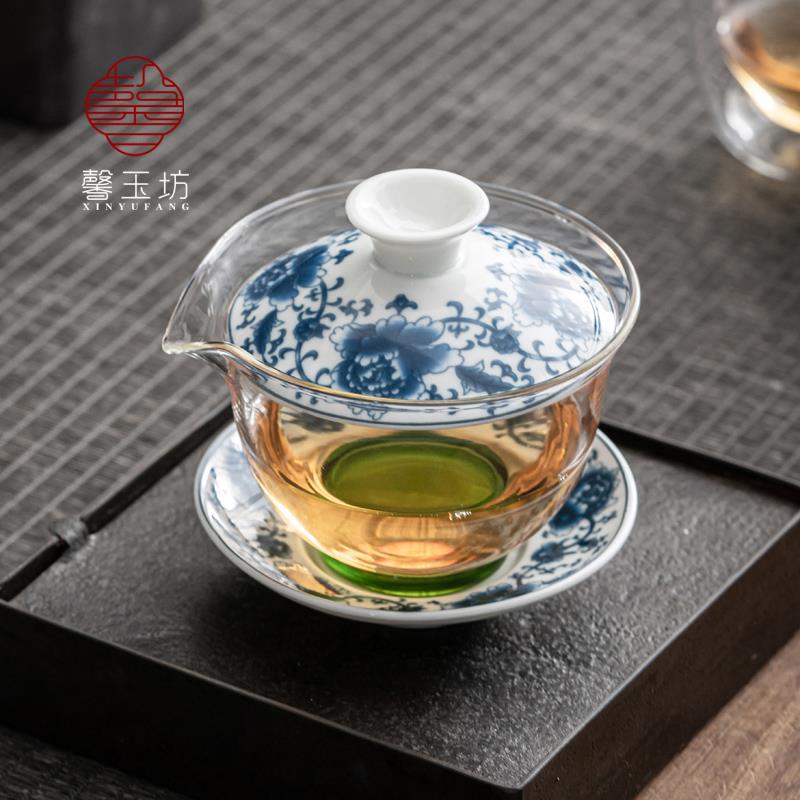 加厚耐高温陶瓷玻璃盖碗功夫茶具大号三才碗茶碗茶杯泡茶器手抓壶