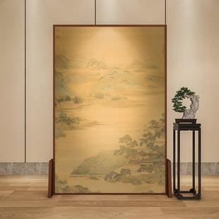 新中式 莲溪渔隐图 实木移动屏风隔断客厅入户遮挡玄关山水画座屏