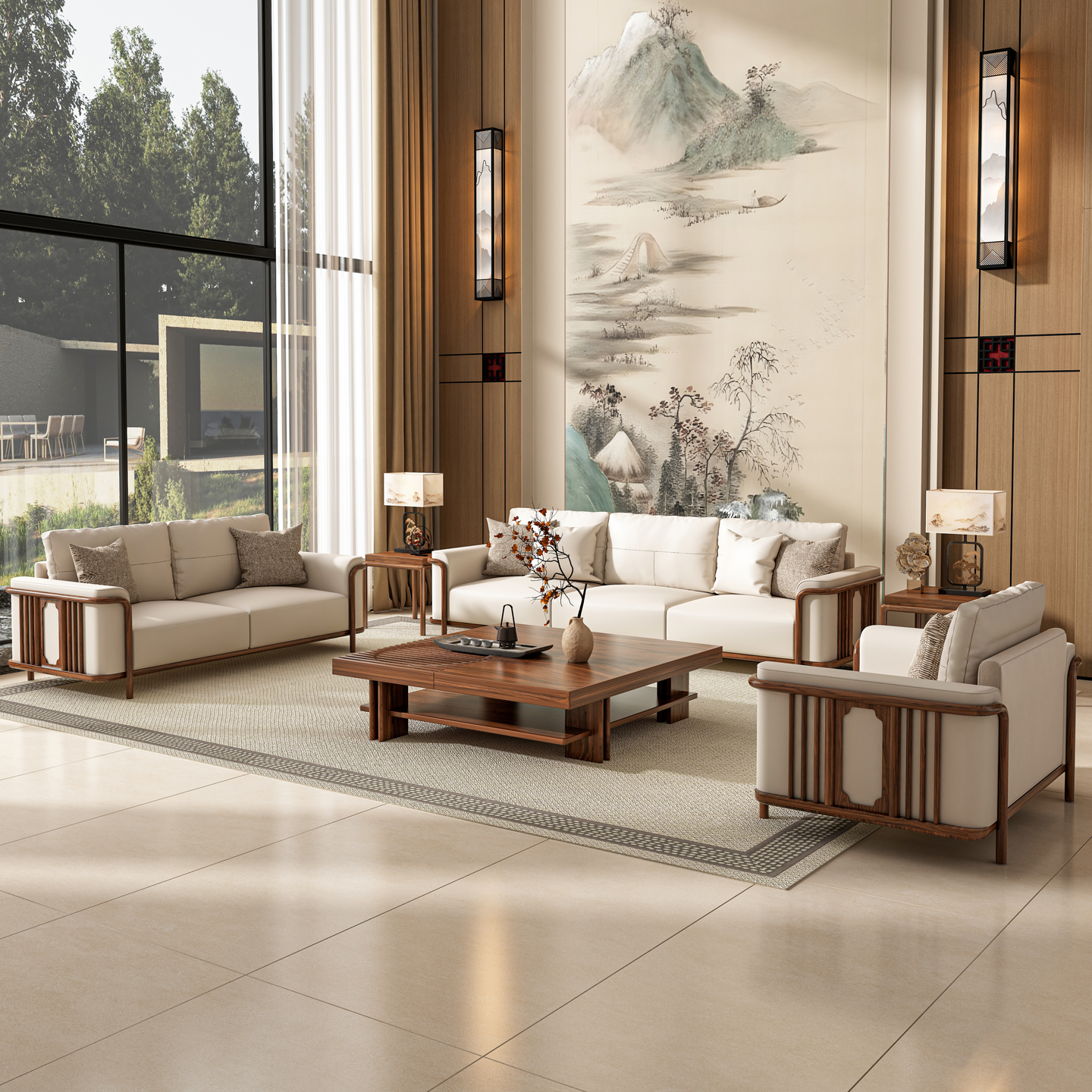 黑胡桃木实木沙发现代中式皮沙发