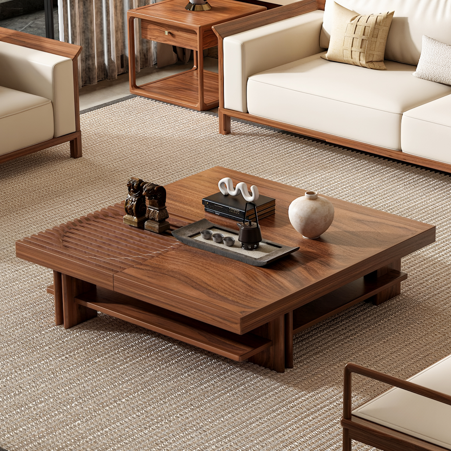 北美黑胡桃木茶几组合新中式家具