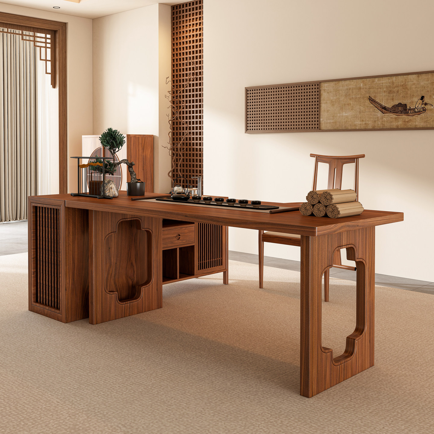 宋式新中式黑胡桃全实木茶桌椅