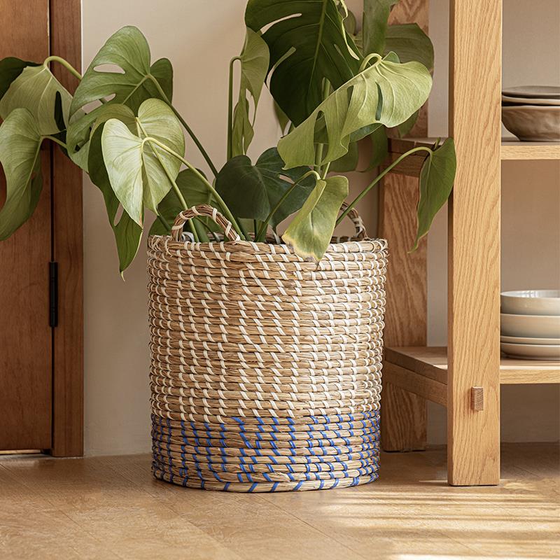 日式海草编织草编装饰花篮大号植物绿植手提花盆客厅阳台落地花器