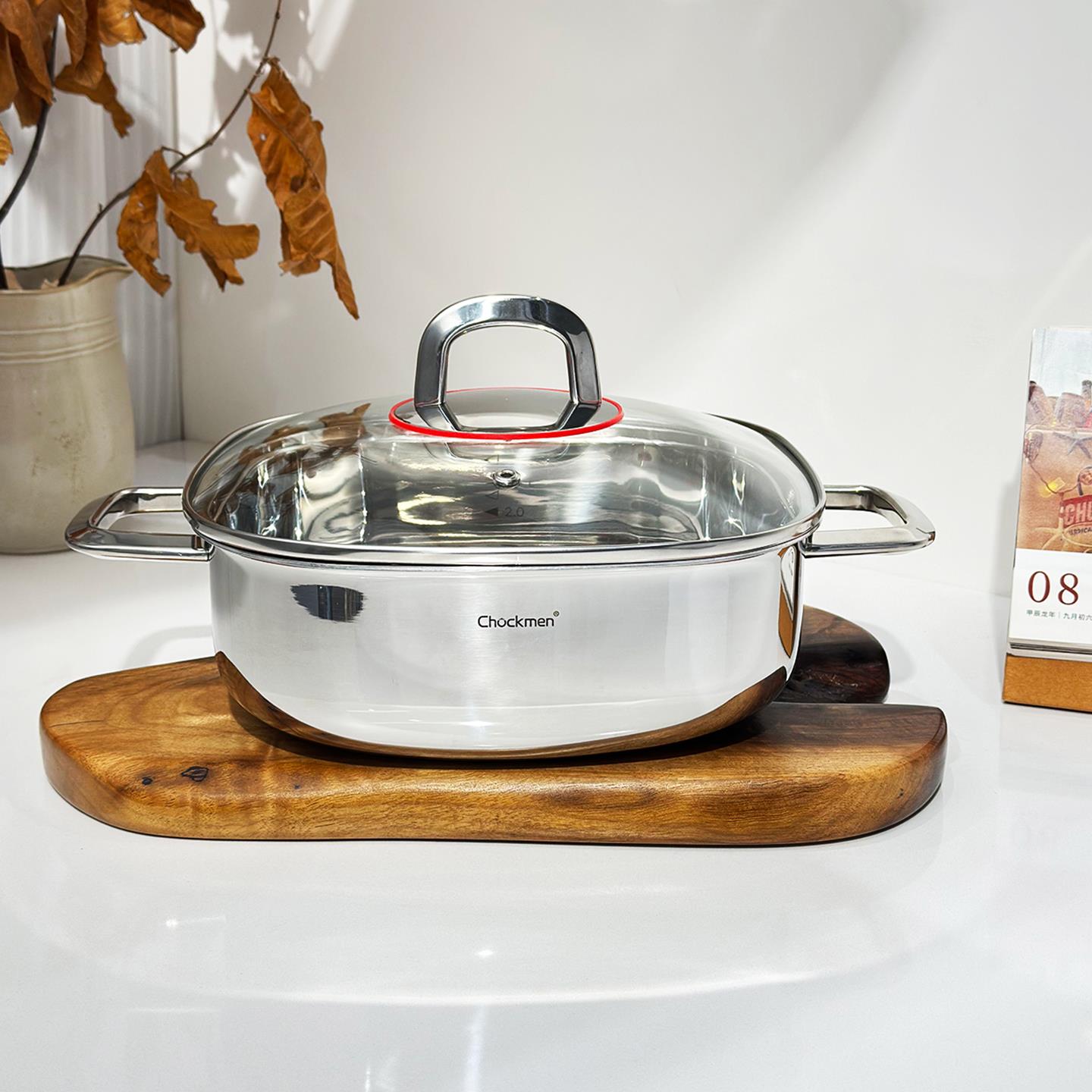 方形汤锅18/10不锈钢加厚一体成型炖煮锅火锅边炉锅24cm