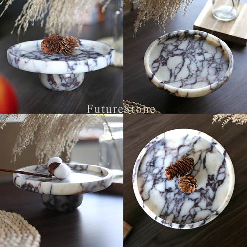 轻奢天然卡紫大理石圆形托盘高档家用收纳盘化妆品置物盘蛋糕架