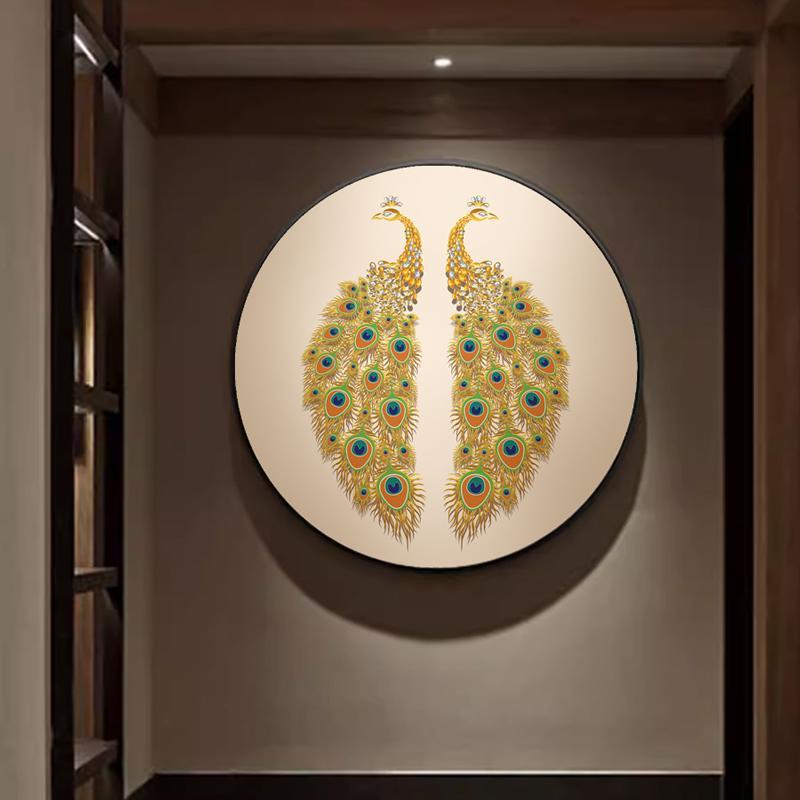 东南亚风格圆形金孔雀玄关招财装饰画中国风酒店餐厅入户门厅挂画图片