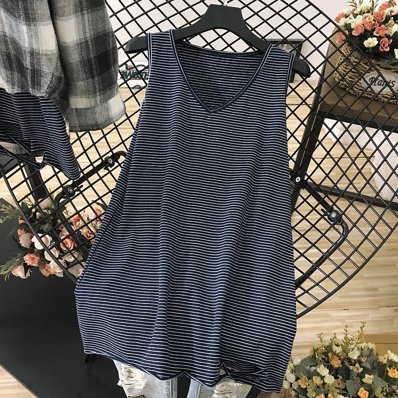 夏细条纹破洞掉带背心女内搭百搭宽松大码胖mm遮肚大胸显小打底衫