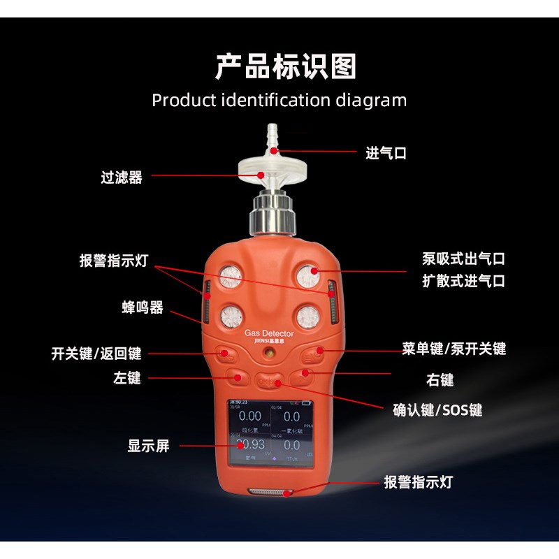 泵吸式四合一气体检测仪基恩思扩散一氧化碳硫化氢可燃氧气分析仪