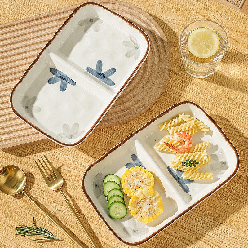 方形分格盘两格陶瓷盘子儿童早餐盘高颜值餐具211定量分餐盘