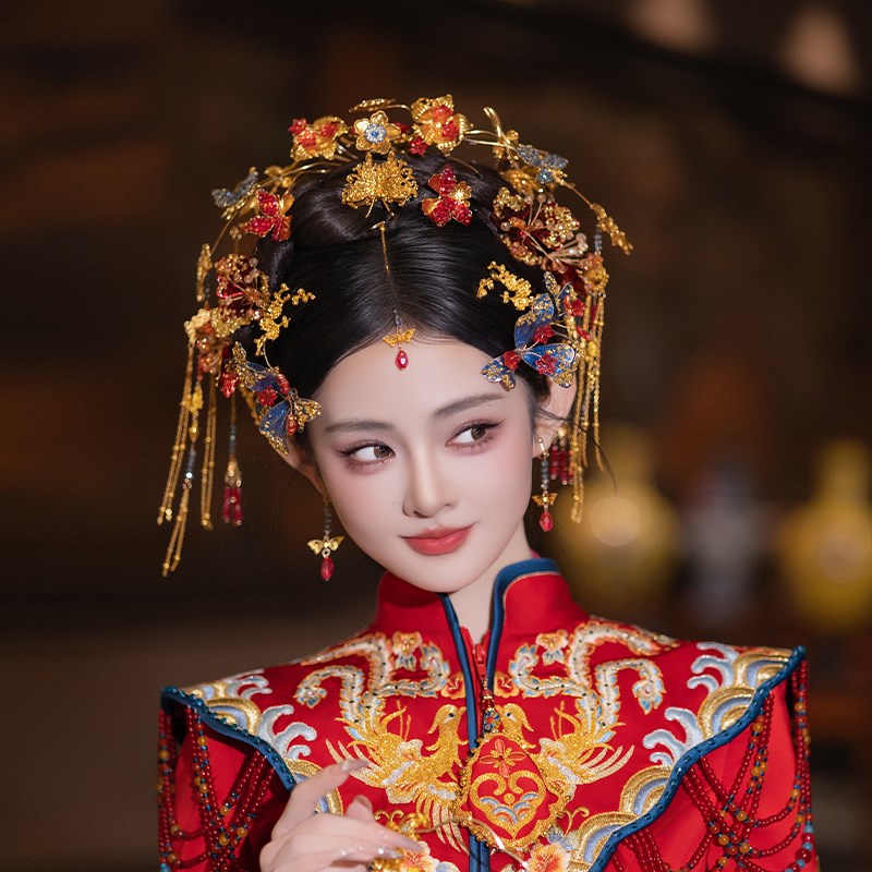 新娘手工中式秀禾头饰红蓝撞色蝴蝶花朵发簪结婚礼服龙凤褂发饰品