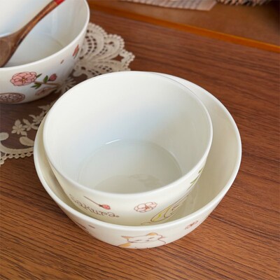 北府 釉下彩樱花猫骨瓷小碗面碗米饭碗汤碗甜品碗陶瓷碗可微波