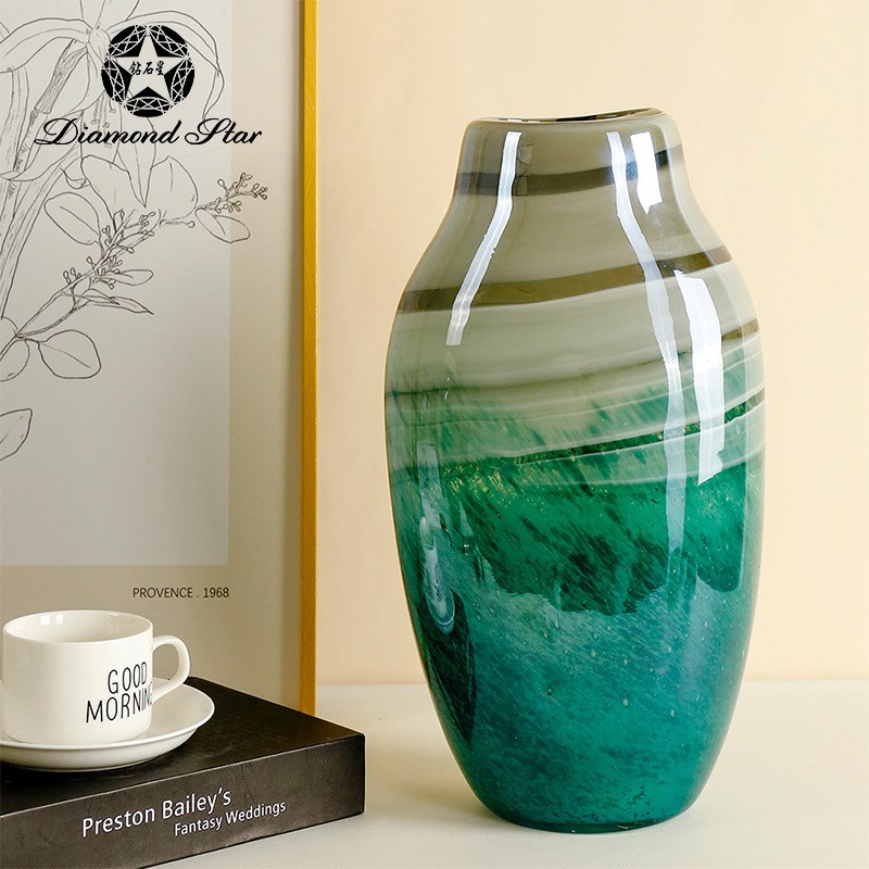 展厅新中式玻璃花瓶创意艺术海绿色水培插花器家居客厅软装饰摆件