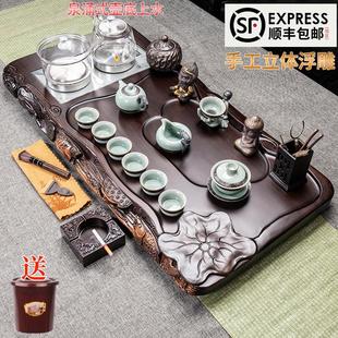黑檀实木功夫茶盘茶台家用全自动烧水壶一体大号尺寸 整套茶具套装