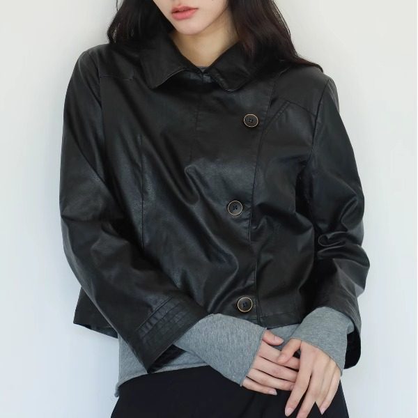nullnone斜襟纽扣短款皮衣外套