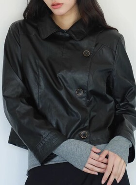 null none 2025早秋 斜门襟纽扣 黑色翻领 短款皮衣外套