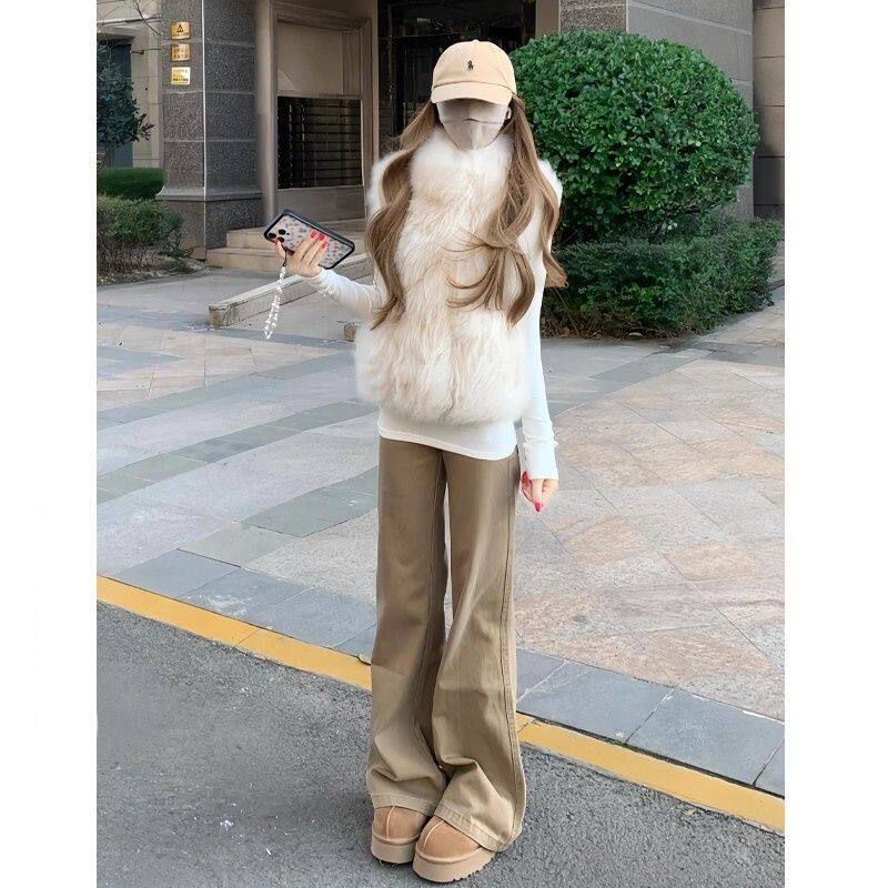 卡其色美式微喇牛仔裤女秋季2026新款低腰辣妹复古不贴腿微喇裤子
