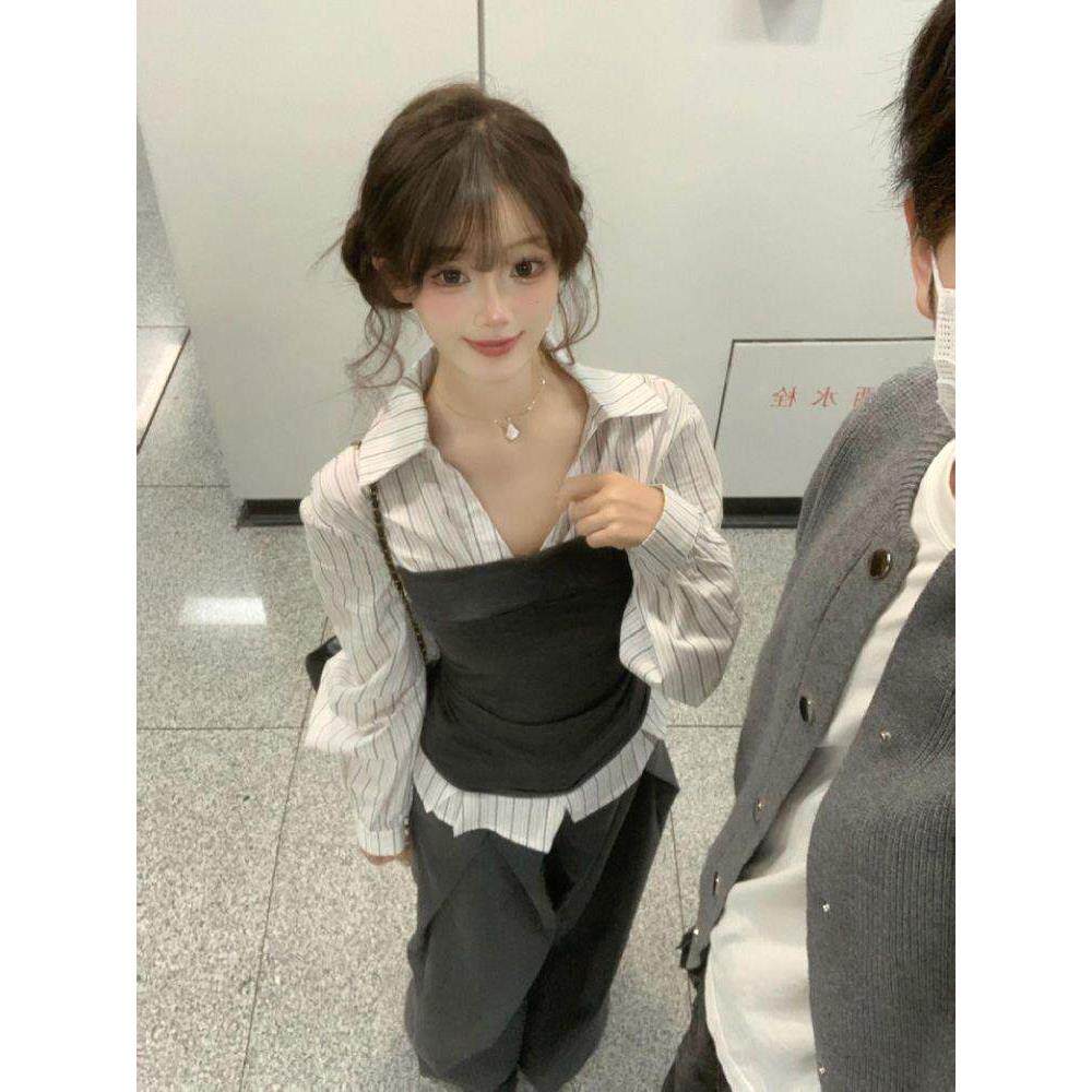 韩系撞色假两件长袖衬衫女秋季高级感收腰显瘦上衣阔腿裤两件套装