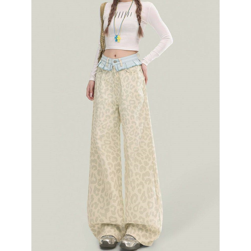 Forever 21独特拼接高腰白色阔腿牛仔裤女新款豹纹宽松爆款弯刀裤