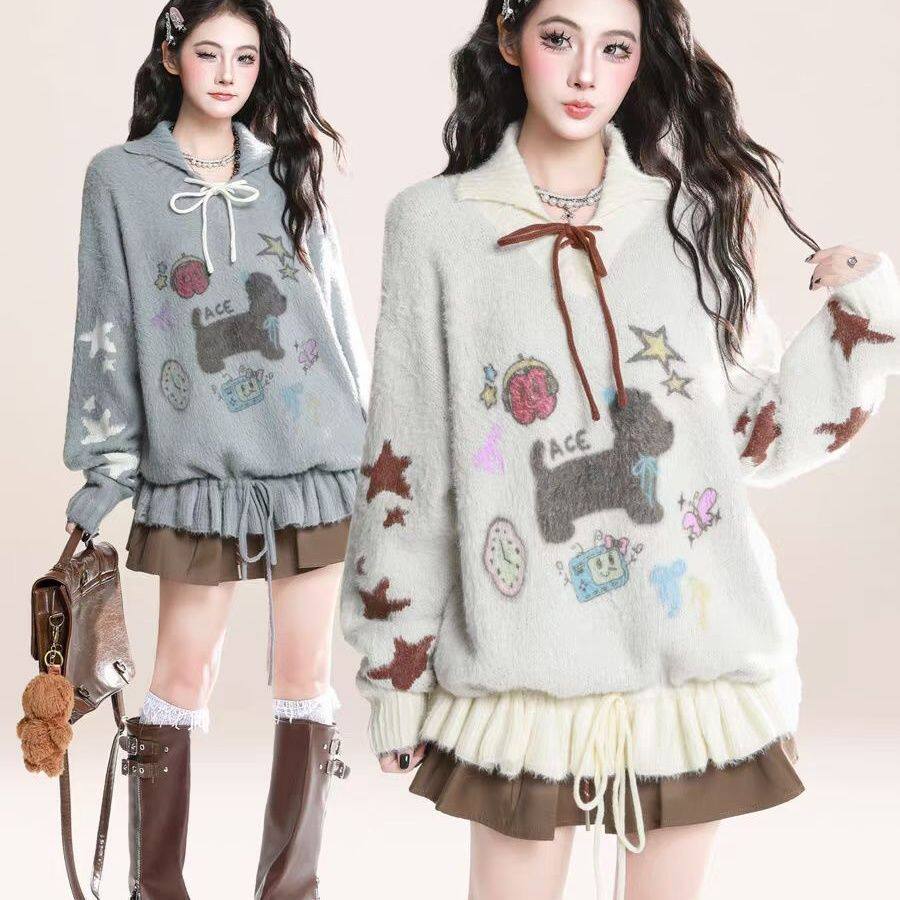 HTYM美式复古卡通小狗提花毛衣女秋冬系带宽松POLO领套头针织上衣