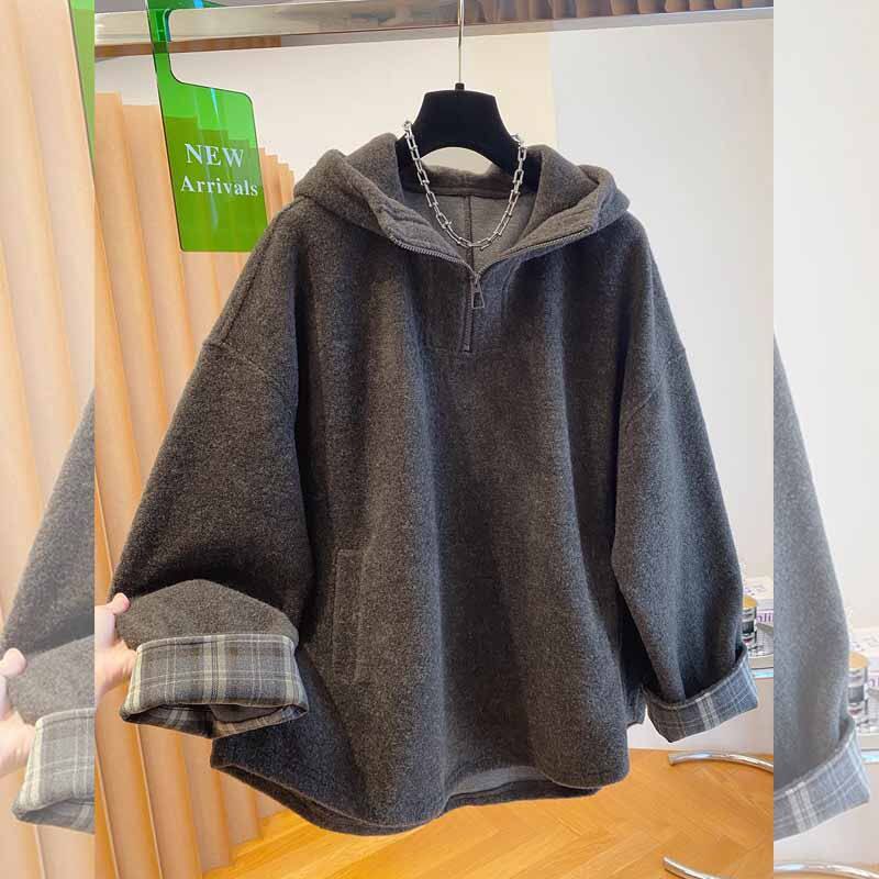 胖妹妹连帽半拉链卫衣女秋冬新款宽松大版慵懒风显瘦上衣百搭通勤