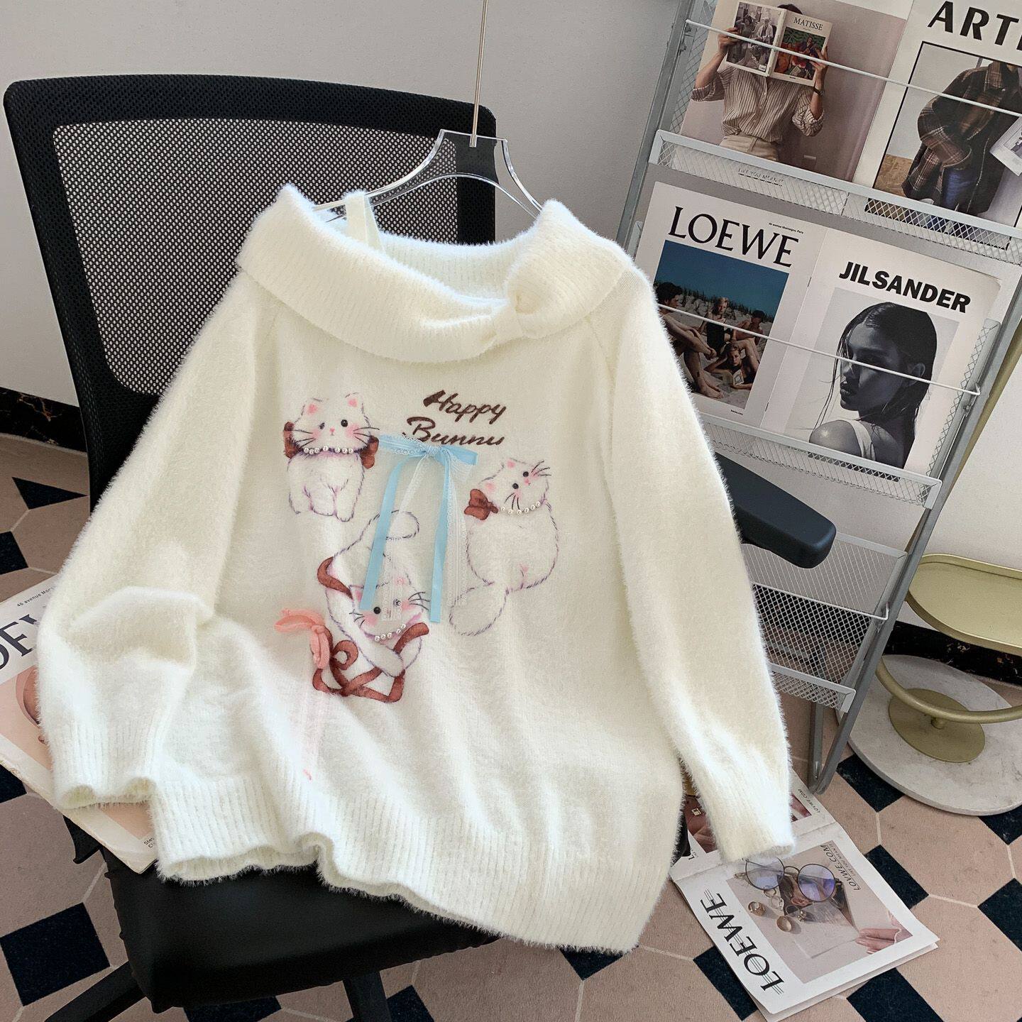 奶呼呼软糯温柔风猫咪甜美一字肩露肩毛衣女冬季穿搭仿水貂毛上衣