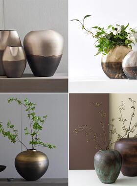 进口铝制新中式覆古禅意古铜色渐层金属花器样板间酒店花瓶装饰品