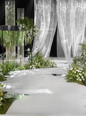 婚纱飘带纱布舞台吊顶装饰白色水光纱布背景纱布帷幕婚礼现场布置