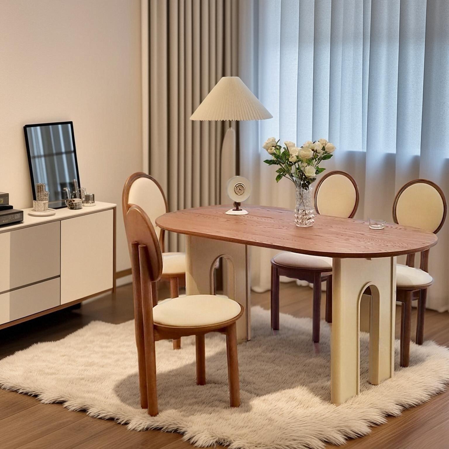 法式中古实木餐桌家用客厅奶油风椭圆形长桌北欧半圆弧形洽谈桌子