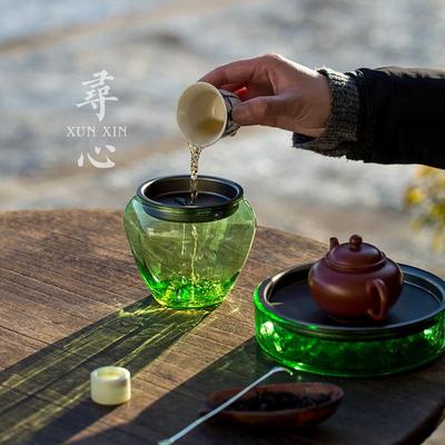 彩色玻璃小建水茶渣缸家用茶洗带盖过滤茶渣桶水孟水洗茶具零配件