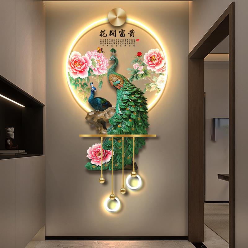 入户进门玄关孔雀牡丹装饰画客厅LED灯画电视背景墙壁画餐厅挂画图片