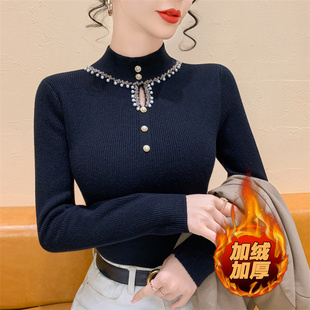 时尚钉珠绒加厚毛半高领针织打底衫女秋冬新款修身毛衣镂空上衣潮
