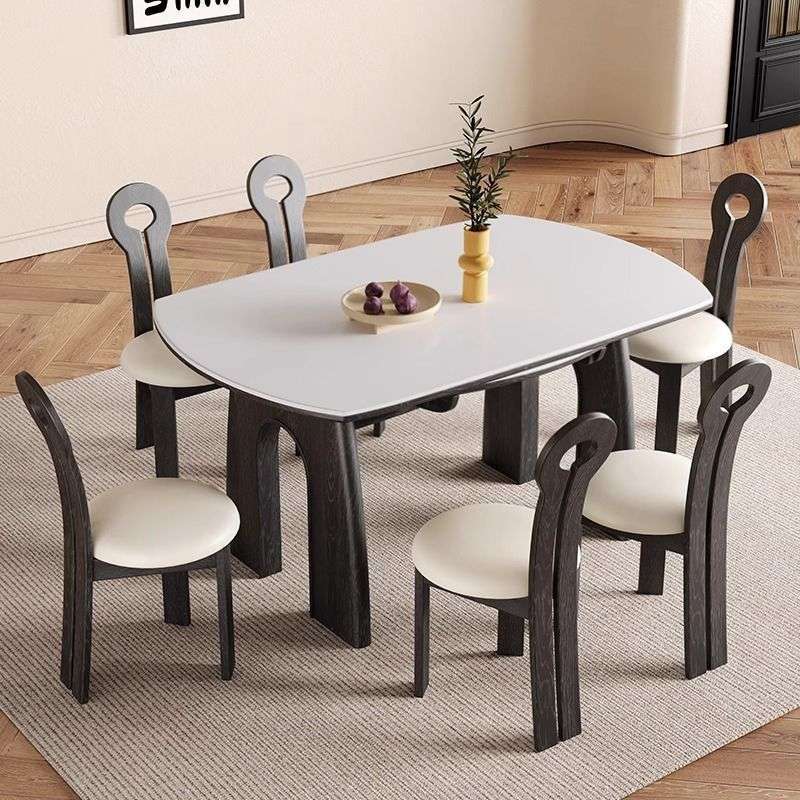 法式复古岩板伸缩餐桌实木白蜡木中古风家用小户型方变圆桌吃饭桌